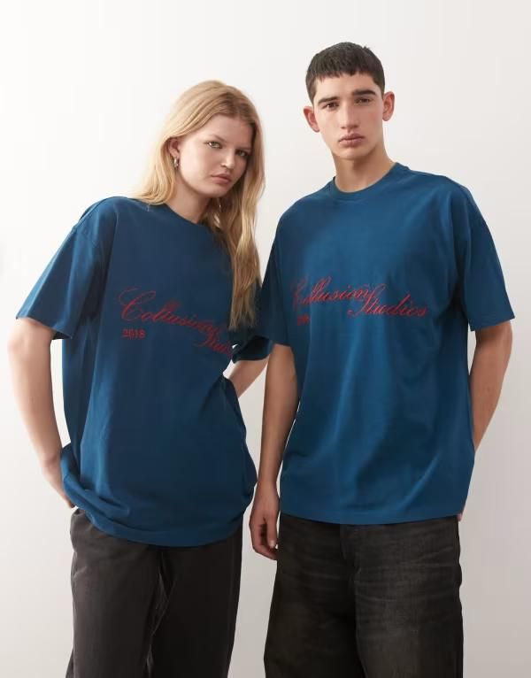 コルージョン レディース トップス Tシャツ 刺繍 COLLUSION Unisex embroidered Tshirt NAVY ネイビー