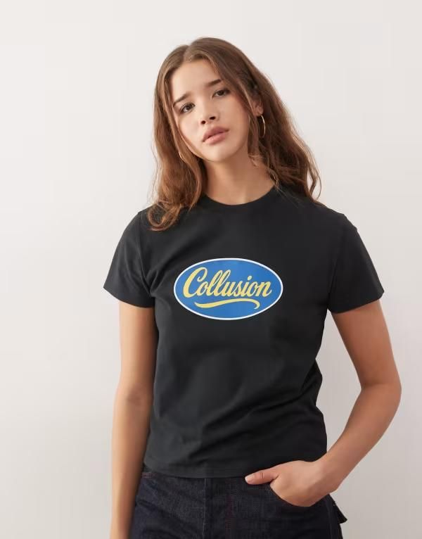 コルージョン レディース トップス Tシャツ ロゴ グラフィック COLLUSION blue logo ringer graphic antifitee Black ブラック