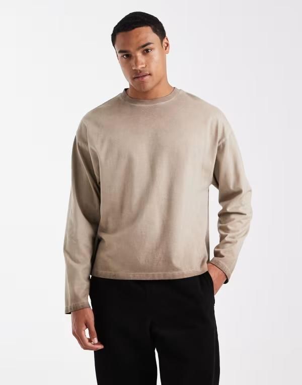 コットンオン メンズ トップス Tシャツ リラックスフィット Cotton relaxed fit Y2K long sleeve Tshirt in gravel stone GRAVEL STONE ストーン