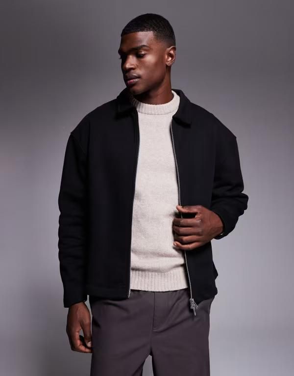エイソス メンズ アウター ジャケット・ブルゾン ジャージー ASOS DESIGN oversized heavyweight jersey harrington jacket Black ブラック