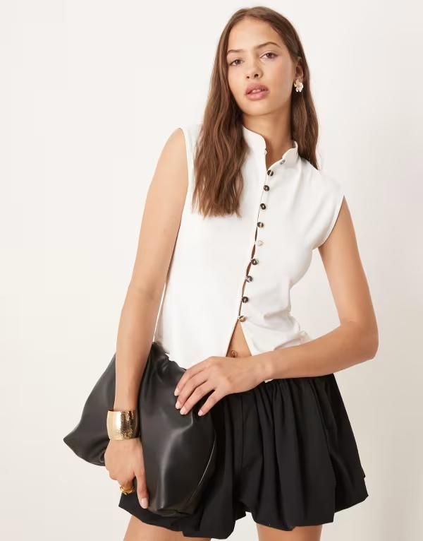 エイソス レディース トップス Tシャツ ASOS DESIGN polyamide button through grownon sleeve top Ivory アイボリー