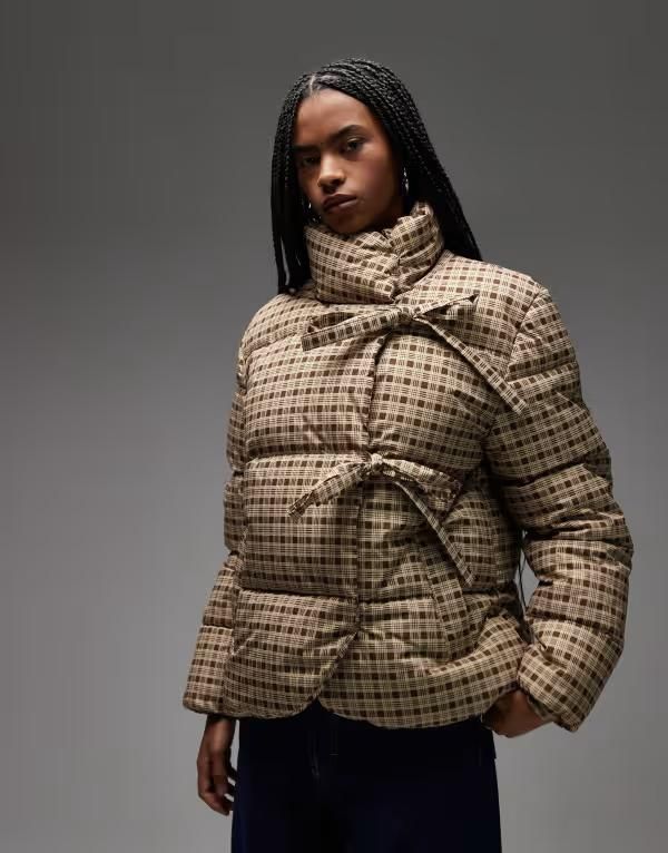 コルージョン レディース アウター コート COLLUSION puffer coat with bow closure plaid BROWN ブラウン