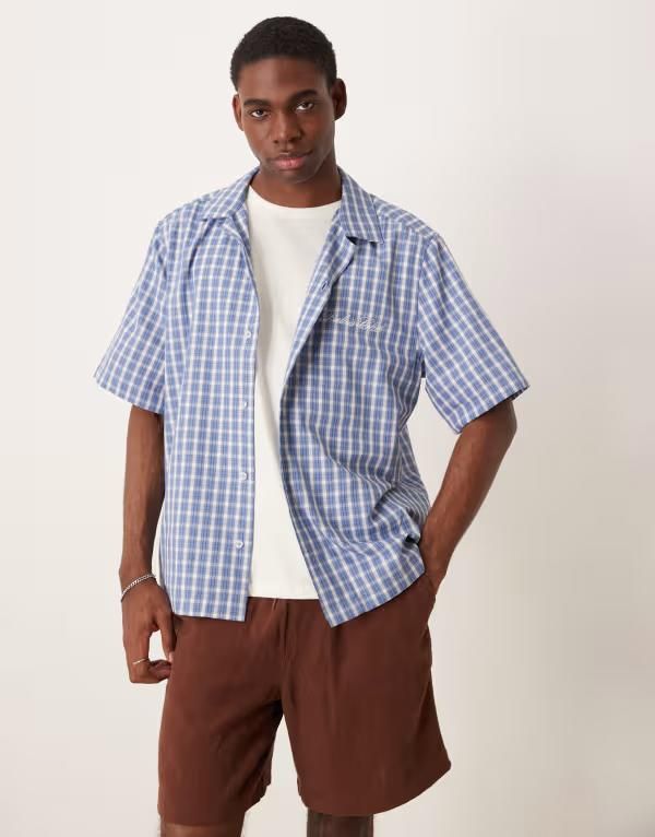 エイソス メンズ トップス シャツ ASOS DESIGN boxy relaxed camp collar shirt with chest embroidery BLUE ブルー