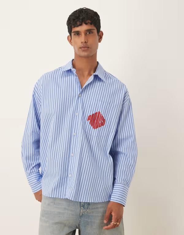 エイソス メンズ トップス シャツ ASOS DESIGN oversized shirt stripe with chest embroidery BLUE ブルー