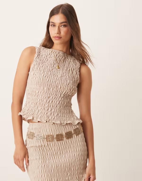 エイソス レディース トップス タンクトップ リネン ASOS DESIGN linen blend shirred tank top in neutral Neutral