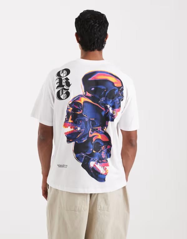 ジャック アンド ジョーンズ メンズ トップス Tシャツ プリント Jack Jones oversized tshirt with triple skull back print White ホワイト