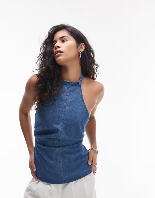トップショップ レディース トップス Tシャツ デニム ホルター Topshop denim peplum halter top indigo BLUE ブルー