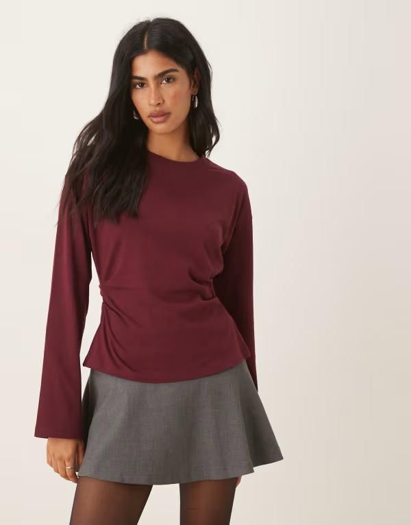 エイソス レディース トップス Tシャツ ASOS DESIGN long sleeve corset waistee Burgundy バーガンディ