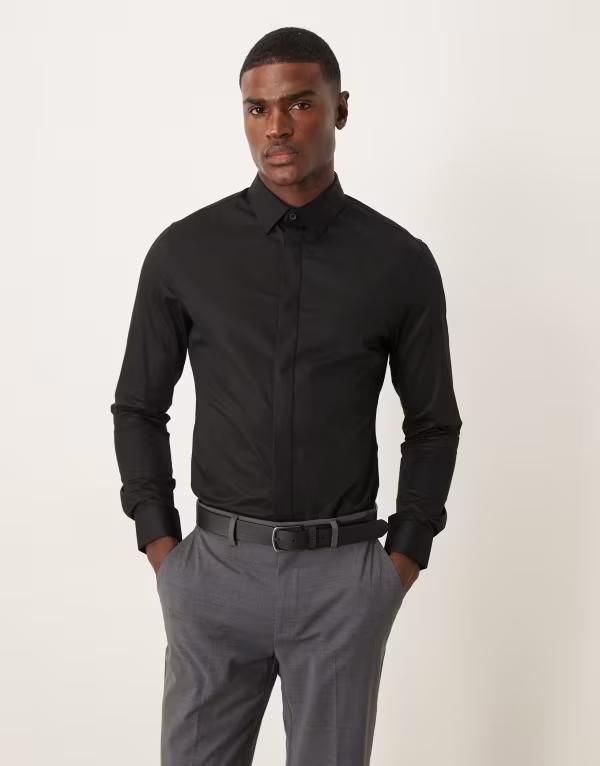 エイソス メンズ トップス シャツ スリムフィット ASOS DESIGN easy iron slim fit sateen shirt Black ブラック