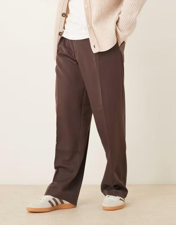 エイソス メンズ ボトムス カジュアルパンツ ワイドレッグ ASOS DESIGN wide leg dress pants with belt in dark brown ブラウン