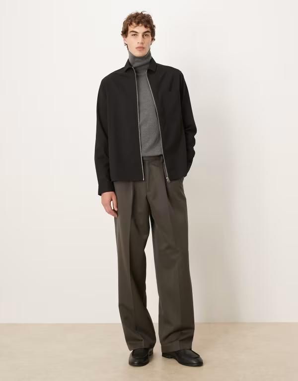 エイソス メンズ トップス シャツ ASOS DESIGN relaxed zip up shirt Black ブラック