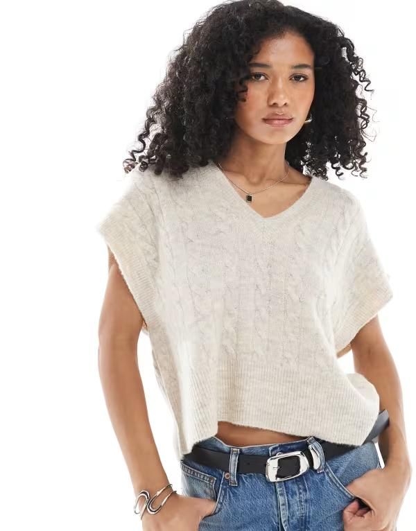 オンリー レディース トップス ベスト ニット ONLY boxy cable knitop in oatmeal オートミール
