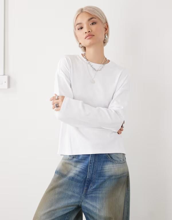 ノイジーメイ レディース トップス Tシャツ レギュラーフィット Noisy May regular fit long sleeve tshirt Bright White ホワイト