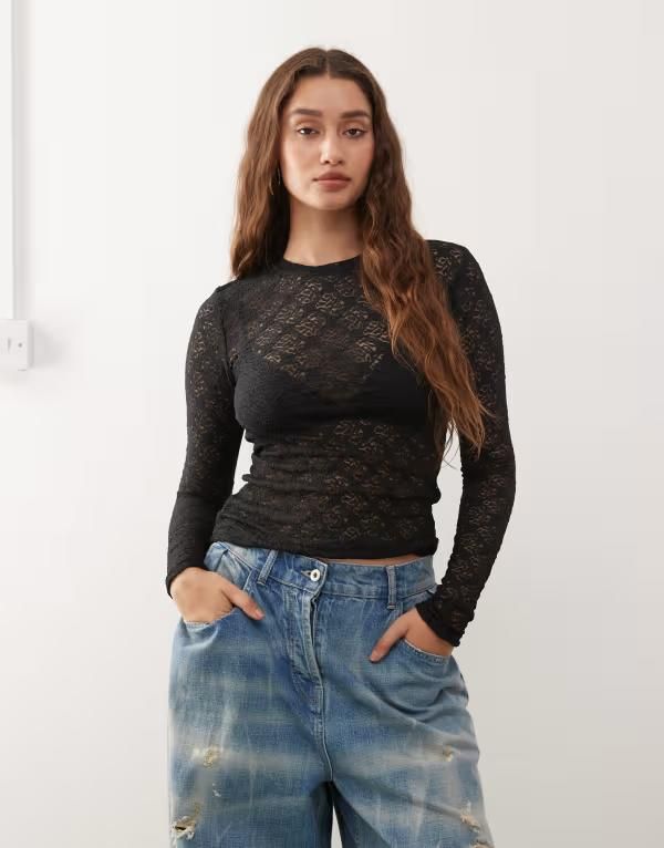 ノイジーメイ レディース トップス Tシャツ レース Noisy May long sleeve lace top Black ブラック