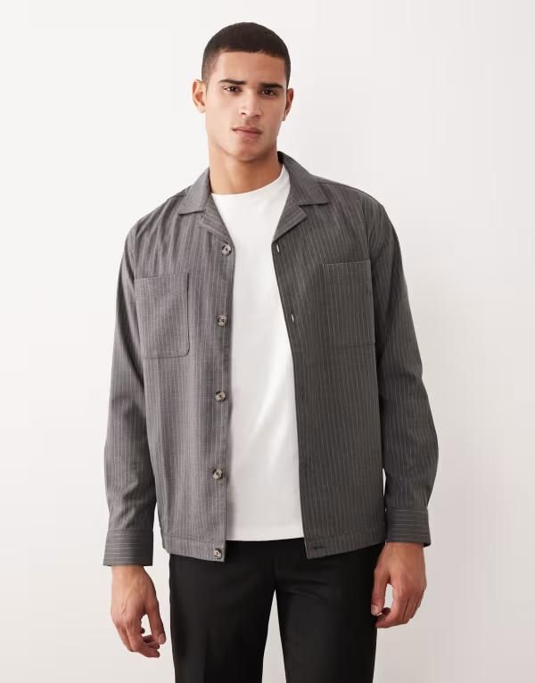 エイソス メンズ トップス シャツ ASOS DESIGN boxy relaxed camp collar shirt pinstripe Gray グレー