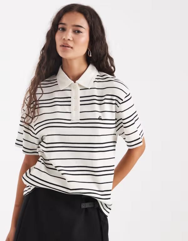 フォースレックレス レディース トップス Tシャツ コットン 刺繍 ロゴ 4th Reckless cotton rugby stylembroidered logo tshirt in cream stripes Cream stripe クリーム