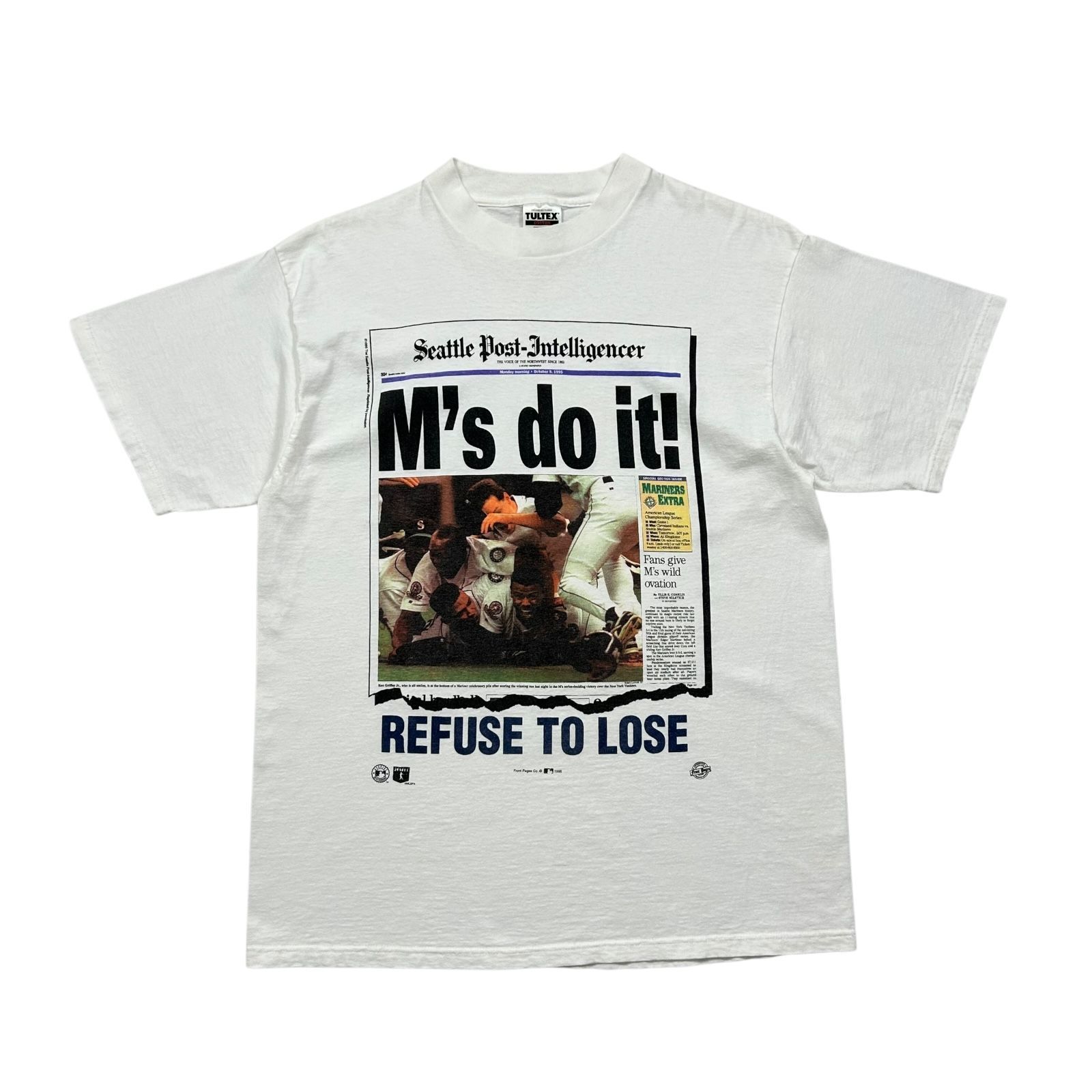 90s MLB シアトル・マリナーズ “REFUSE TO LOSE” 1995 ニュースペーパー Tシャツ XL