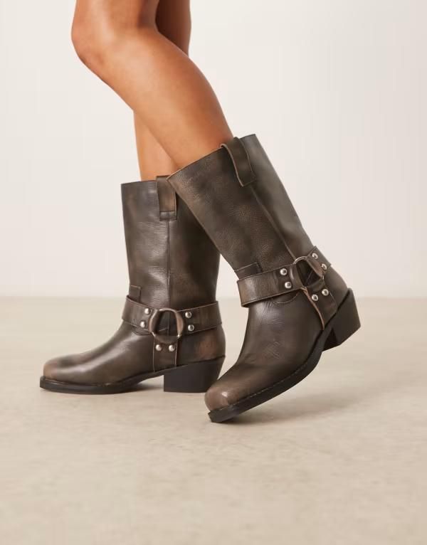 エイソス レディース シューズ ブーツ・レインブーツ レザー ASOS DESIGN Cyrus leather harness knee boots in aged AGED GRAY LEATHER グレー