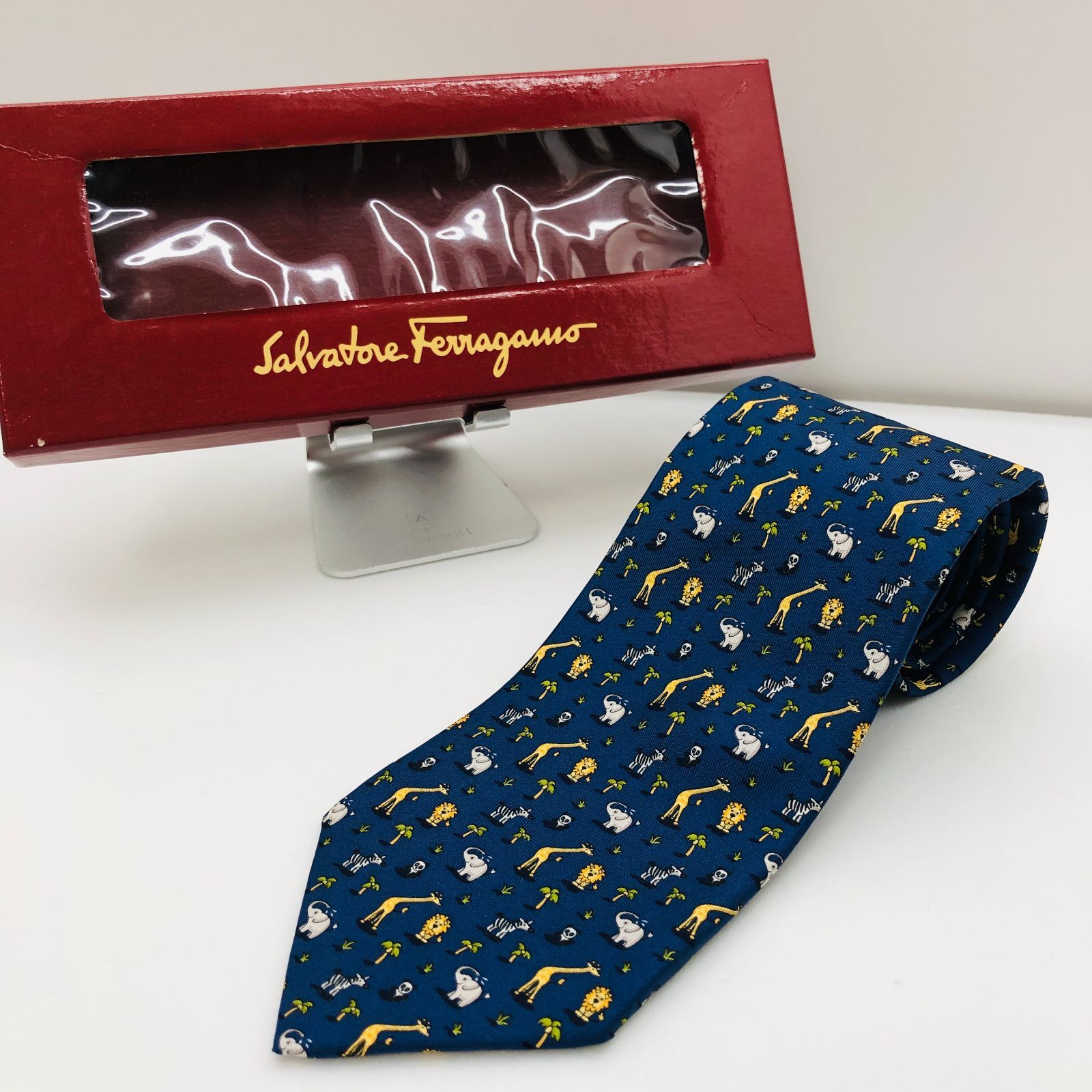 箱付き】Salvatore Ferragamo ネクタイ ブルー系 アニマル柄
