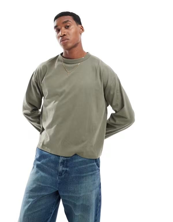 エイソス メンズ トップス Tシャツ ASOS DESIGN heavyweight oversized boxy long sleeve tshirt Dusty olive オリーブ