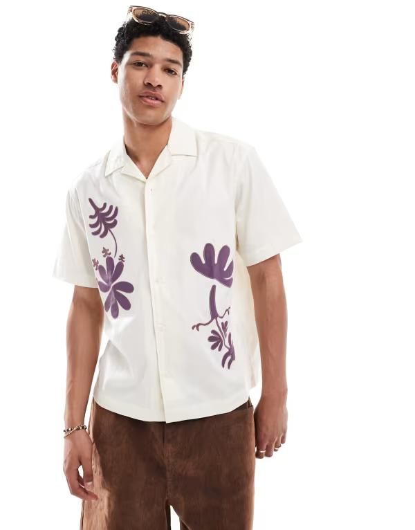 オンリーアンドサンズ メンズ トップス シャツ 刺繍 ONLY SONS loose fit embroidered shirt Antique White ホワイト