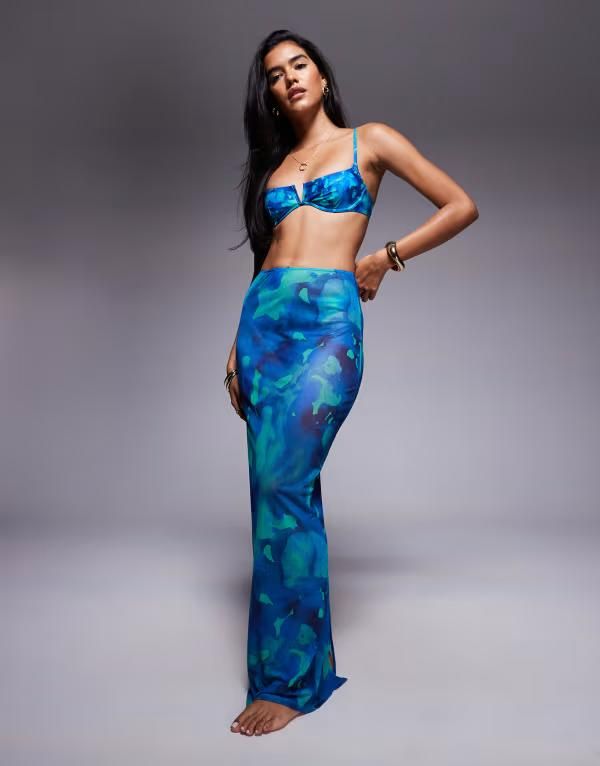 サウスビーチ レディース ボトムス スカート プリント メッシュ マキシ South Beach blur print mesh maxi beach skirt BLUE ブルー