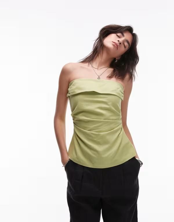 トップショップ レディース トップス タンクトップ リネン Topshop linen fold over bandeau top in pistachio Pistachio green グリーン