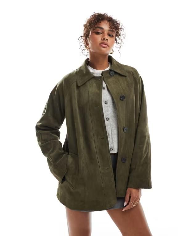 エイソス レディース アウター コート スエード ASOS DESIGN faux suede car coat in olive Khaki カーキ