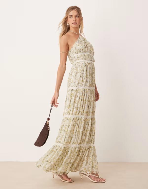 エイソス レディース トップス ワンピース マキシワンピース フラワー柄 プリント マキシ フラワー ホルター ASOS DESIGN halter maxi dress with embroidery trim in ditsy floral print f