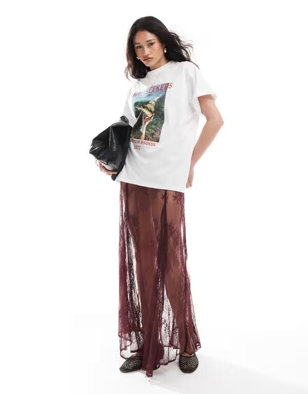 エイソス レディース ボトムス スカート レース マキシ ASOS DESIGN lace godet maxi skirt burgundy バーガンディ 10,636円