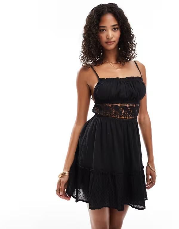 ミスセルフフリッジ レディース トップス ワンピース レーストリム ミニ シアー レース Miss Selfridge sheer lace trim mini beach dress Black ブラック