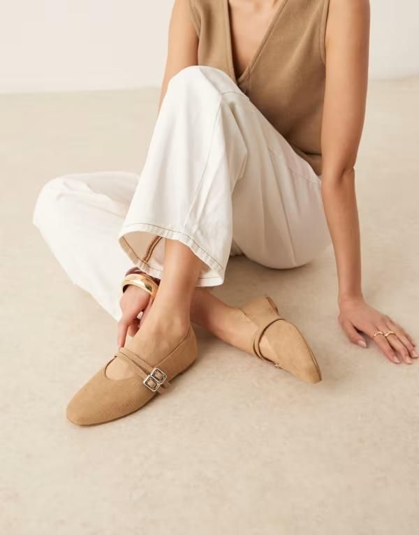 エイソス レディース シューズ パンプス スエード ASOS DESIGN Lavender doublestrap maryjane ballet flats in taupe weave suedette CAMEL キャメル