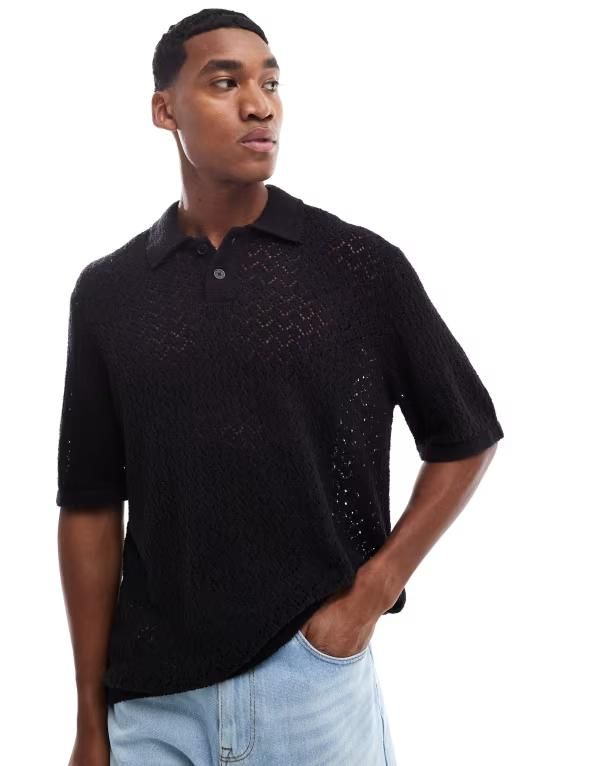 ジャック アンド ジョーンズ メンズ トップス ポロシャツ Jack Jones thick crochet polo shirt Black ブラック