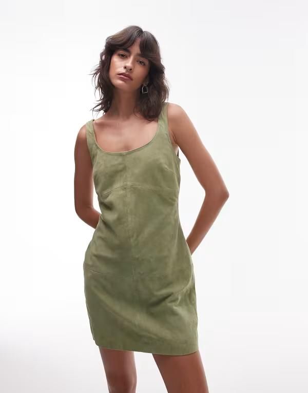 トップショップ レディース トップス ワンピース ミニワンピース ミニ スエード Topshop real suede seamed mini dress in pastel olive OLIVE オリーブ