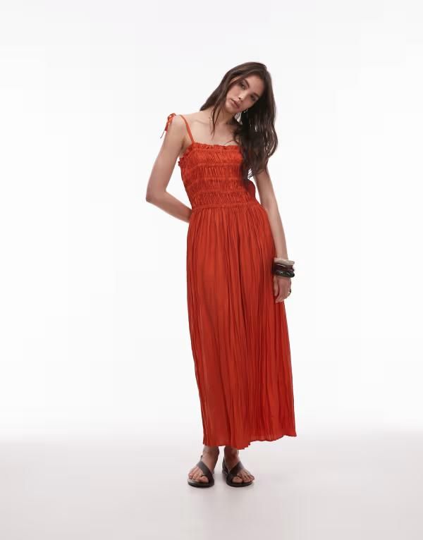トップショップ レディース トップス ワンピース ミディワンピース ギャザー ミディ Topshop technical crinkle ruched bust midi dress in deep orange Deep orange オレンジ