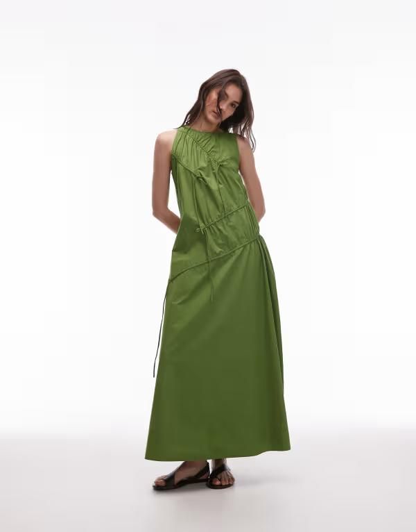 トップショップ レディース トップス ワンピース ミディワンピース ギャザー ミディ Topshop poplin ruched channel midi dress GREEN グリーン