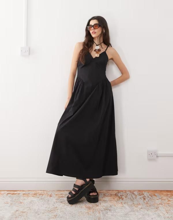 リクレイム ヴィンテージ レディース トップス ワンピース ミディワンピース ミディ Reclaimed Vintage summer midi dress with hip seam details Black ブラック