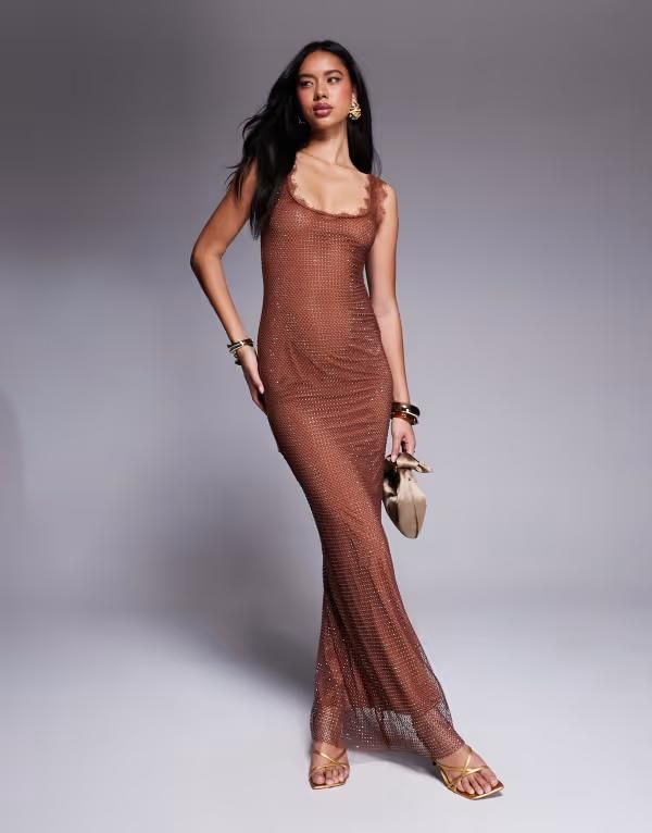 エイソス レディース トップス ワンピース レーストリム マキシワンピース レース マキシ ASOS DESIGN embellished fishnet hotfix maxi dress with super scoop neck and lace tri