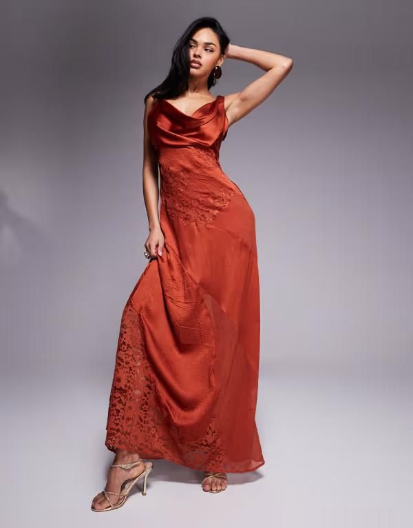 エイソス レディース トップス ワンピース マキシワンピース サテン レース マキシ ASOS DESIGN cowl neck satin maxi dress with lace paneling in rustラスト