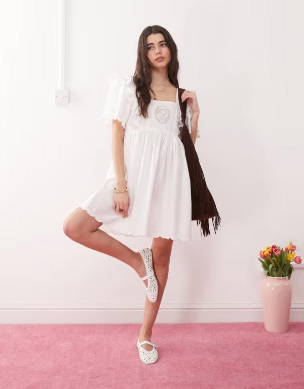 リクレイム ヴィンテージ レディース トップス ワンピース レース Reclaimed Vintage babydoll smock dress with embroidery lace detail white ホワイト
