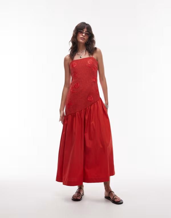 トップショップ レディース トップス ワンピース ミディ Topshop dropped waist raffia bodice midi sundress RED レッド