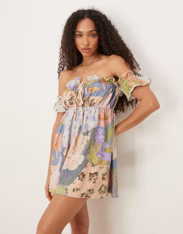 エイソス レディース トップス ワンピース ミニワンピース フラワー柄 プリント パッチワーク ミニ フラワー ASOS DESIGN eyelet frill off the shoulder mini dress in patchwork floral p
