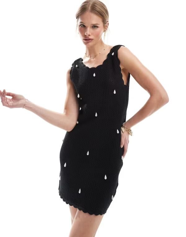 フォースレックレス レディース トップス ワンピース ミニ 4th Reckless crochet pearl embellished scallop trim mini beach dress Black ブラック