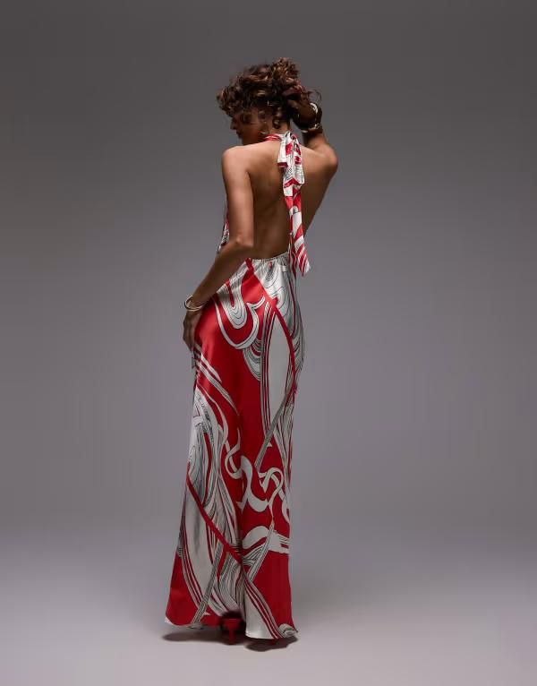 トップショップ レディース トップス ワンピース マキシワンピース プリント マキシ ホルター Topshop halter neck maxi dress boutique print RED レッド