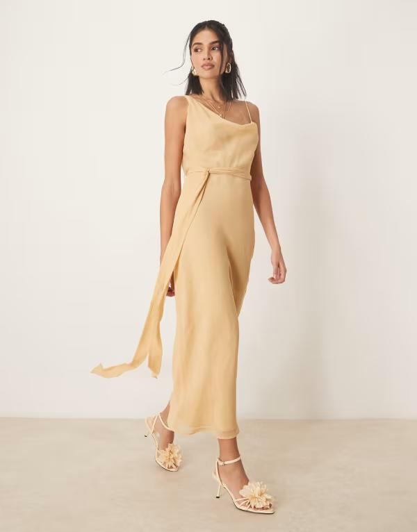 エイソス レディース トップス ワンピース タイディテール アシンメトリー ASOS DESIGN asymmetric cowl neck slip midaxi dress with wrap around tie detail in sand Sand