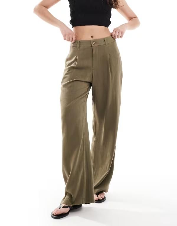ミスセルフフリッジ レディース ボトムス カジュアルパンツ ワイドレッグ パンツ リネン Miss Selfridge linen blend tailored wide leg pants Khaki カーキ