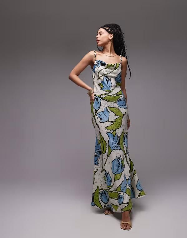 トップショップ レディース トップス ワンピース フラワー柄 ミディ フラワー Topshop cowl neck midi slip dress with beaded straps blue floral Multi マルチカラー