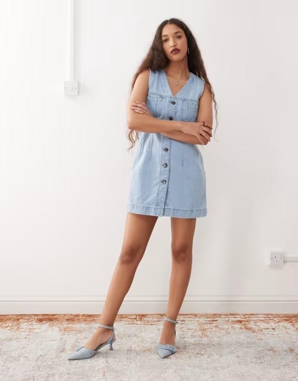 ノイジーメイ レディース トップス ワンピース ミニワンピース ミニ ベスト デニム Noisy May denim vest mini dress in light blue wash Light Blue Denim デニム