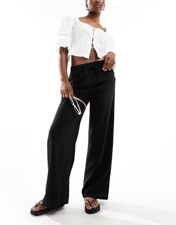 ジェイディーワイ レディース ボトムス カジュアルパンツ ワイドレッグ リネン JDY wide leg linen mix pants part of a set Black ブラック