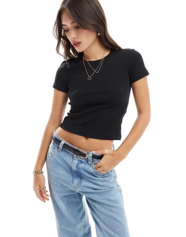 ヴェロモーダ レディース トップス Tシャツ リブ Vero Moda ribbed round neck tshirt Black ブラック
